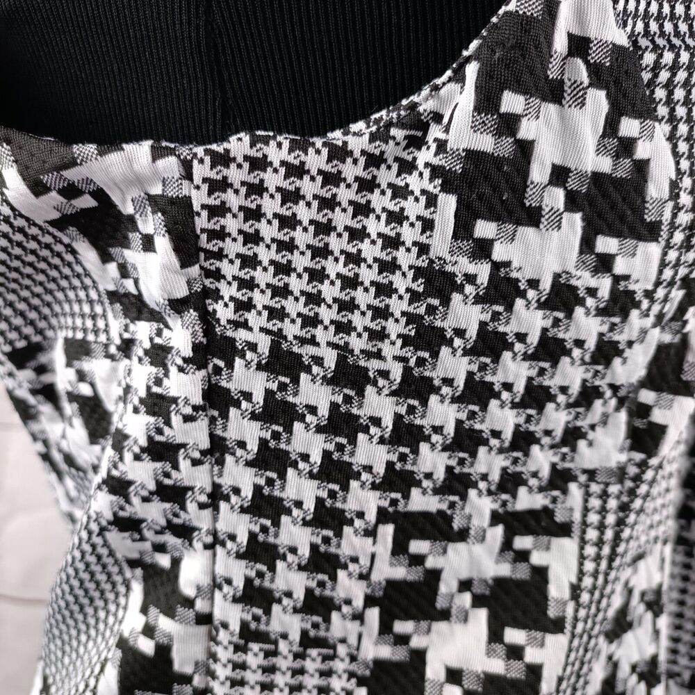 Woman's open sleeveless blazer cardigan houndstooth black white collar Large - Picture 15 of 15